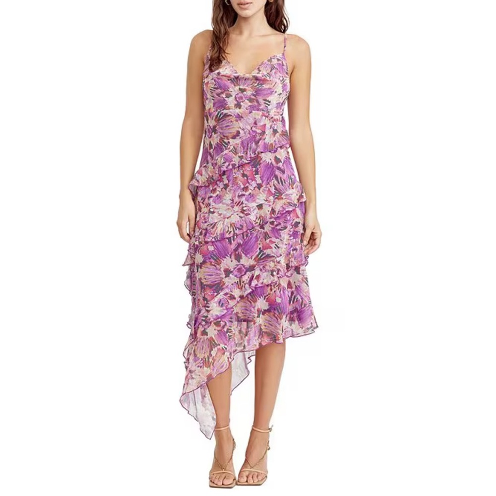 NWT Adelyn Rae XL Chiffon Floral Cowl Neck Asymmetrical Hem Midi Dress Ruffle